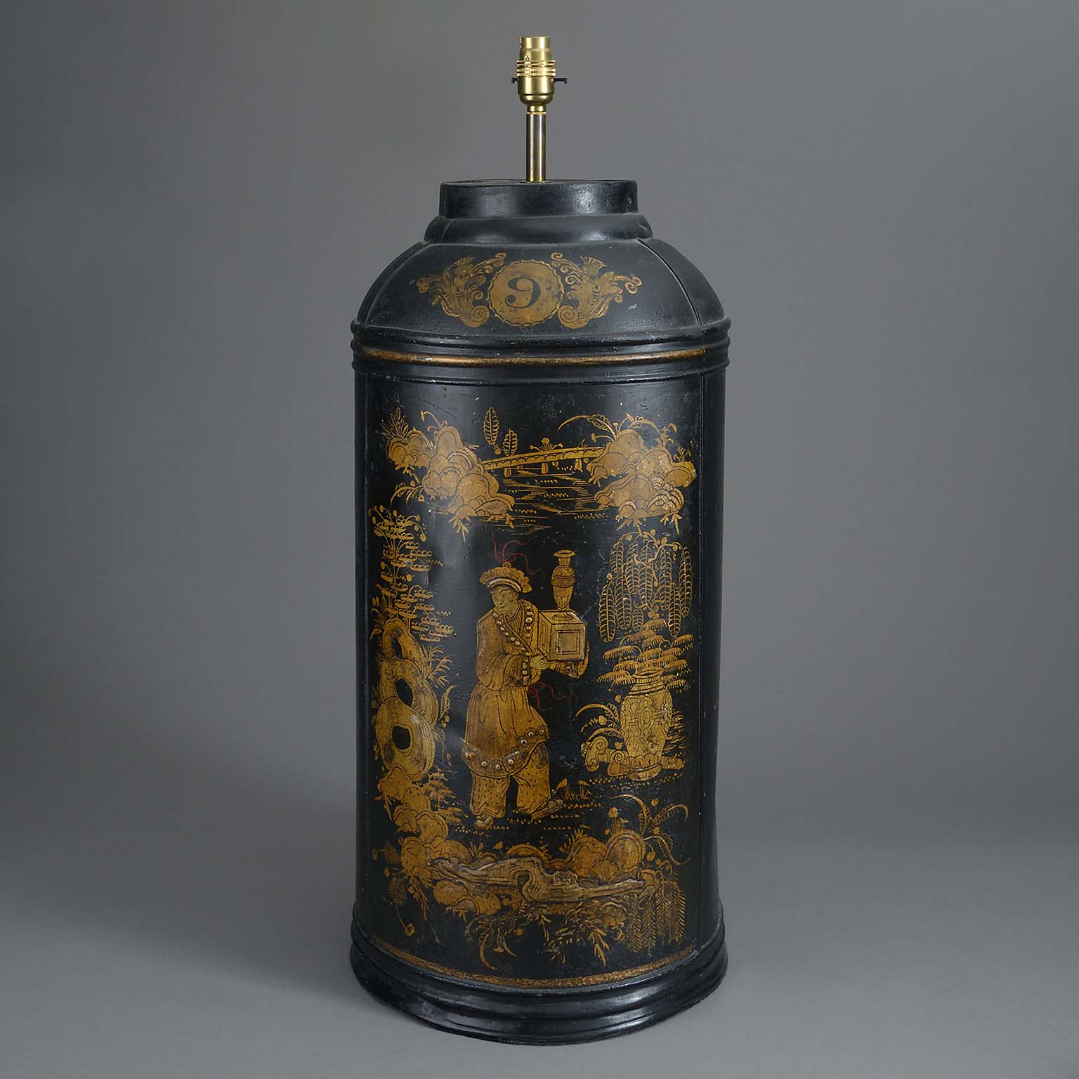 Black chinoiserie tole tea canister Black chinoiserie tole tea canister
