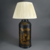 Tall 19th century black japanned tole tea canister 2 Black chinoiserie tole tea canister