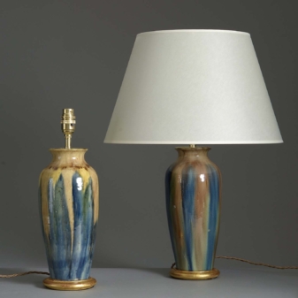Pair of Slop Glazed Pottery Jar Lamps