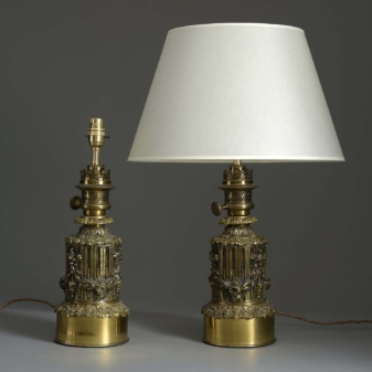 Pair of Antique Repousse Brass Lamps