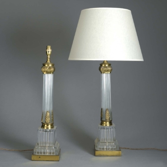 Pair of antique ormolu and glass column lamps