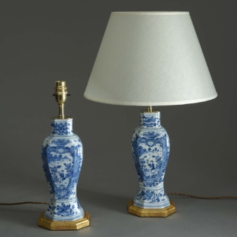 Pair of antique blue and white delft vase lamps