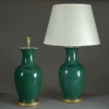 Pair of antique green glazed vase lamps