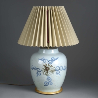 Antique bulbous blue and white lamp